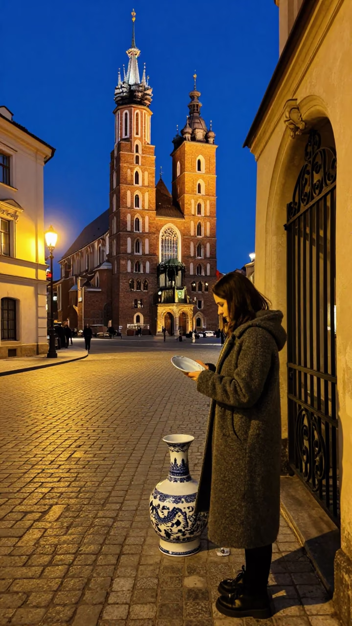 Midnight Street Scene in Krakow Poland with Blue and White Porcelain Plate in in Krakow, Poland