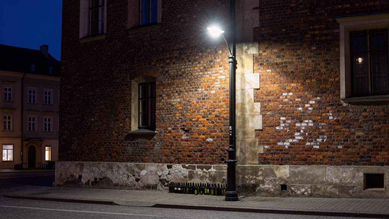 Midnight Street Scene in Krakow Poland with Glass Bottles and Urban Decay in in Krakow, Poland