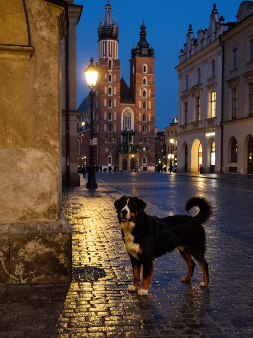 Midnight street scene in Krakow Poland with Greater Swiss Mountain Dog and historic architecture in in Krakow, Poland