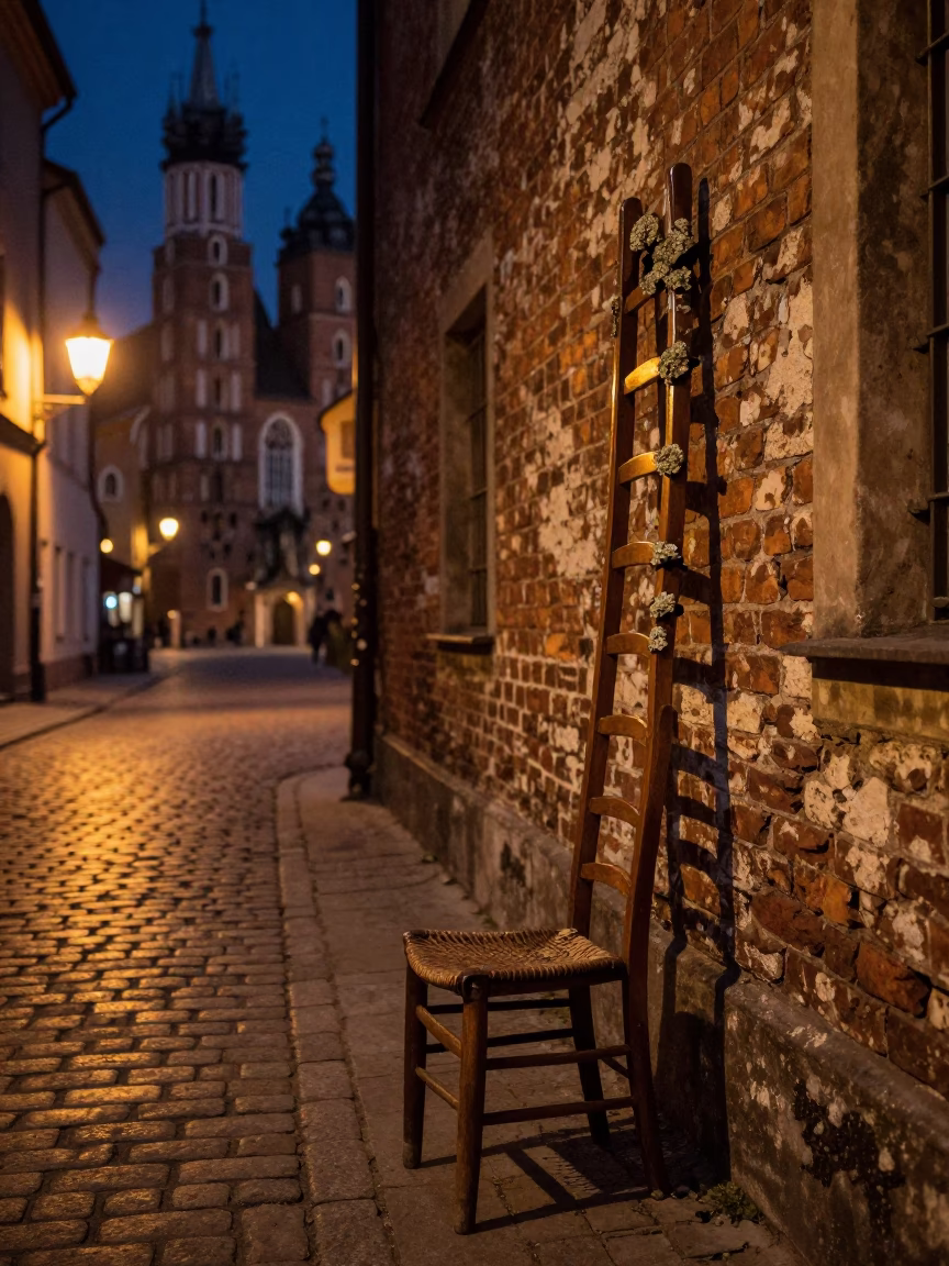 Midnight Street Scene in Krakow Poland with Ladder-Back Chair and Lichen Covered Stone in in Krakow, Poland