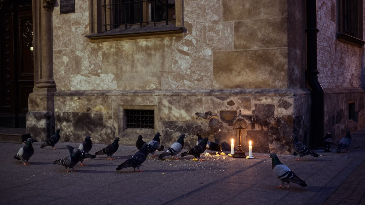 Midnight Street Scene in Krakow Poland with Pigeons and Candlesticks in in Krakow, Poland