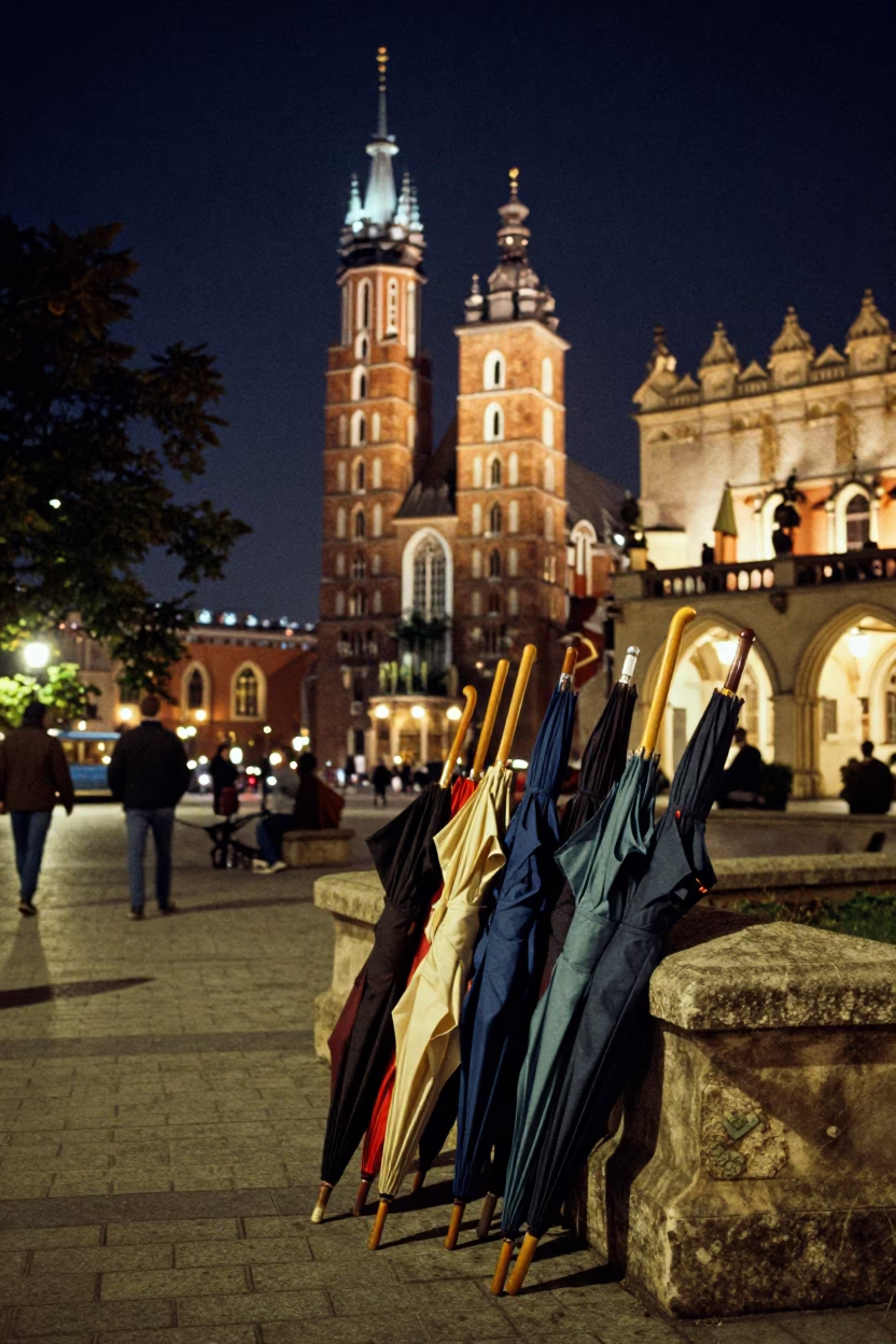 Midnight Street Scene in Krakow Poland with University Courtyard Umbrellas and Vintage Camera Details in in Krakow, Poland