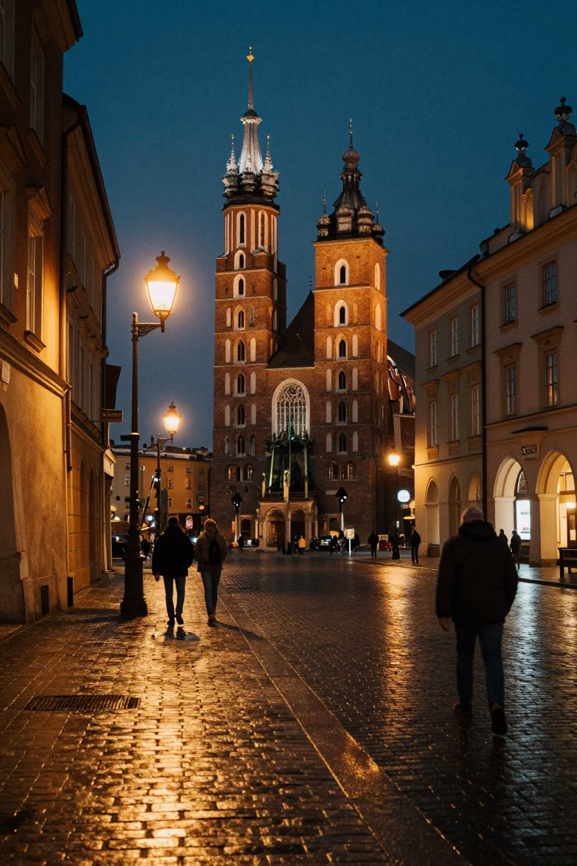 Midnight Street Scene in Krakow Poland with Vintage 1990s Film Aesthetic in in Krakow, Poland