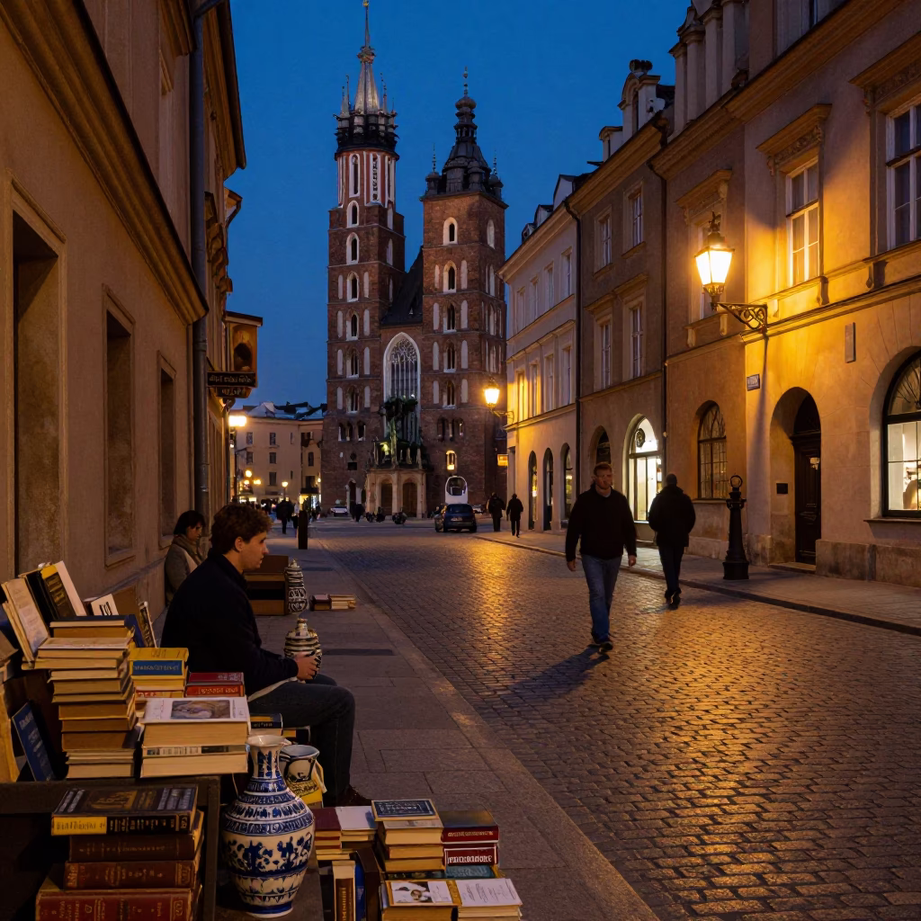 Midnight Street Scene in Krakow Poland with Vintage Books and Ceramic Pitcher in in Krakow, Poland