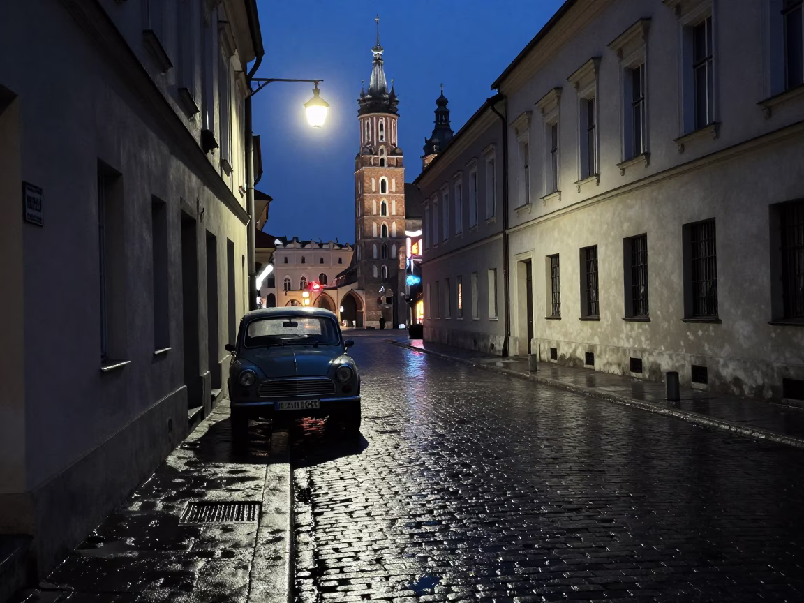 Midnight street scene in Krakow Poland with vintage car and neon lights in in Krakow, Poland
