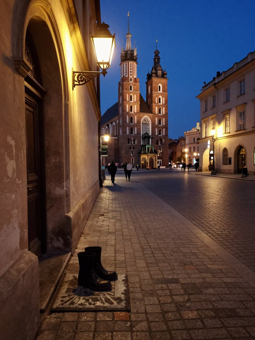 Midnight Street Scene in Krakow Poland with Vintage Lantern and Boot Scraper in in Krakow, Poland