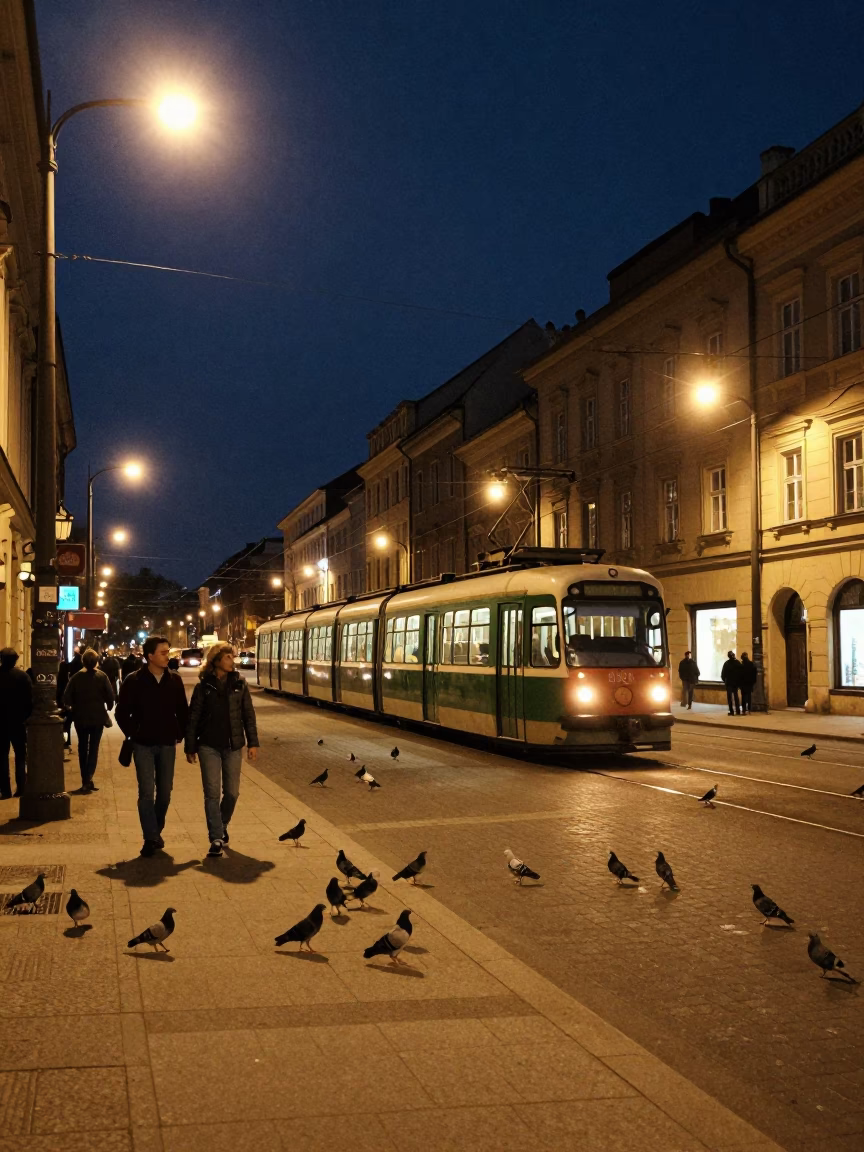 Midnight Street Scene in Krakow Poland with Vintage Monorail and Pigeons in in Krakow, Poland