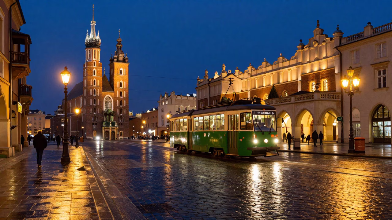 Midnight Street Scene in Krakow Poland with Vintage Tram and Cobblestone Plaza in in Krakow, Poland