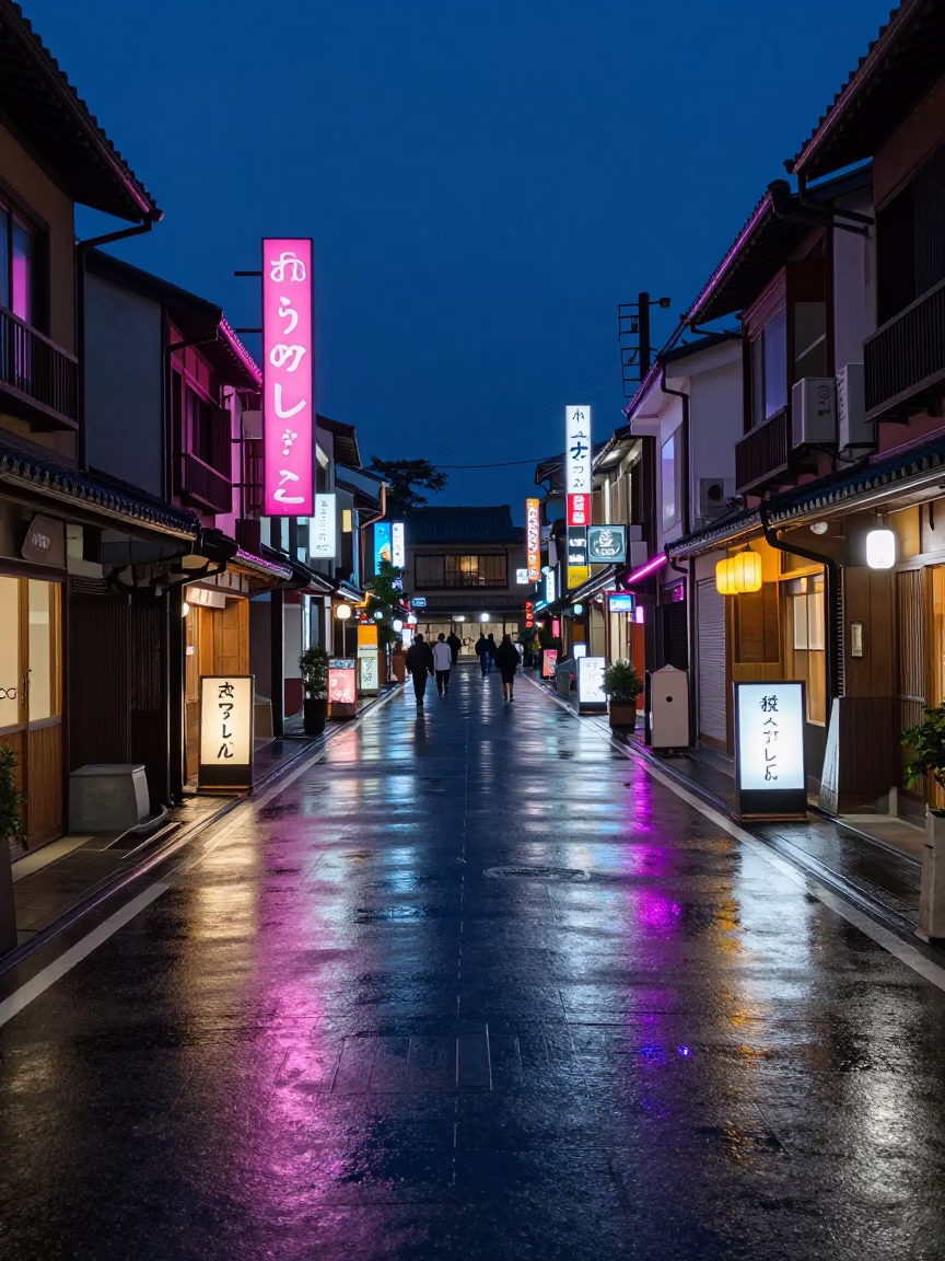 Midnight Street Scene in Kyoto Japan with Neon Lights and Traditional Architecture in in Kyoto, Japan