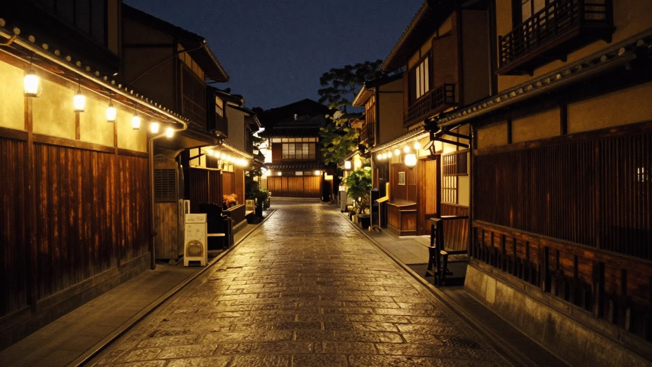 Midnight Street Scene in Kyoto Japan with String Lights and Traditional Architecture in in Kyoto, Japan