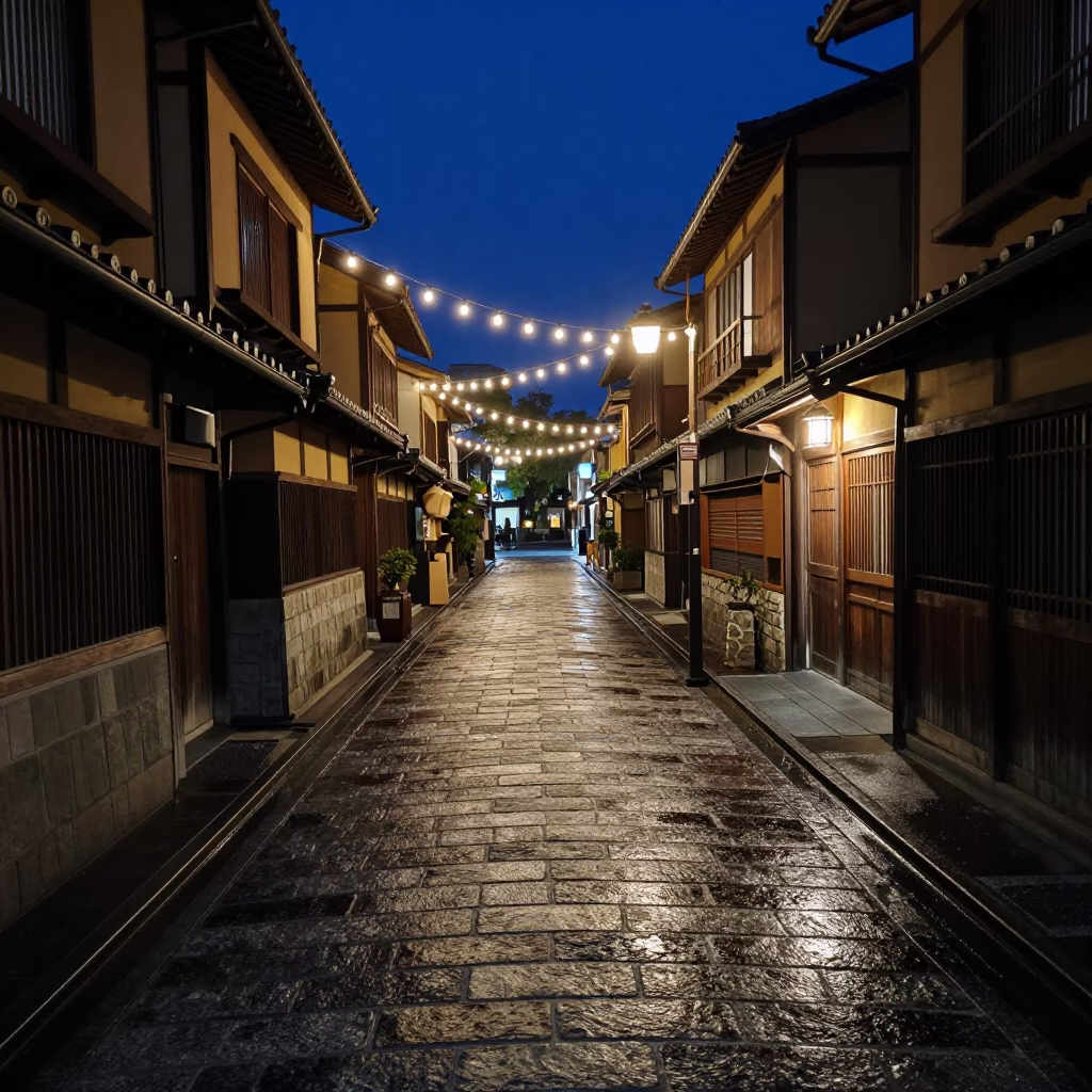 Midnight Street Scene in Kyoto Japan with String Lights and Urban Reflections in in Kyoto, Japan