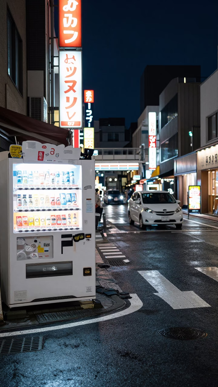 Midnight street scene in Kyoto Japan with vending machines and urban nightlife in in Kyoto, Japan