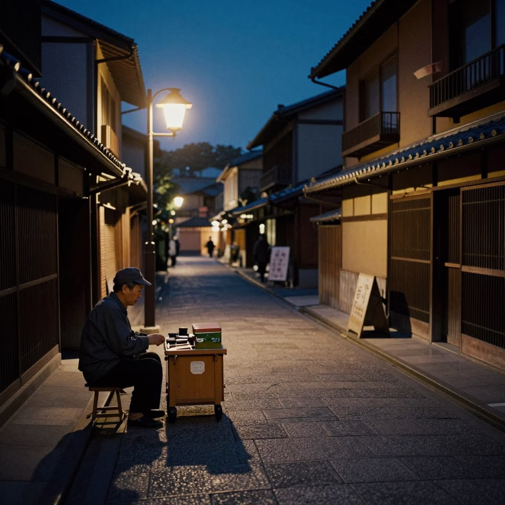 Midnight Street Scene in Kyoto Japan with Vintage Tin Box and Wooden Board in in Kyoto, Japan
