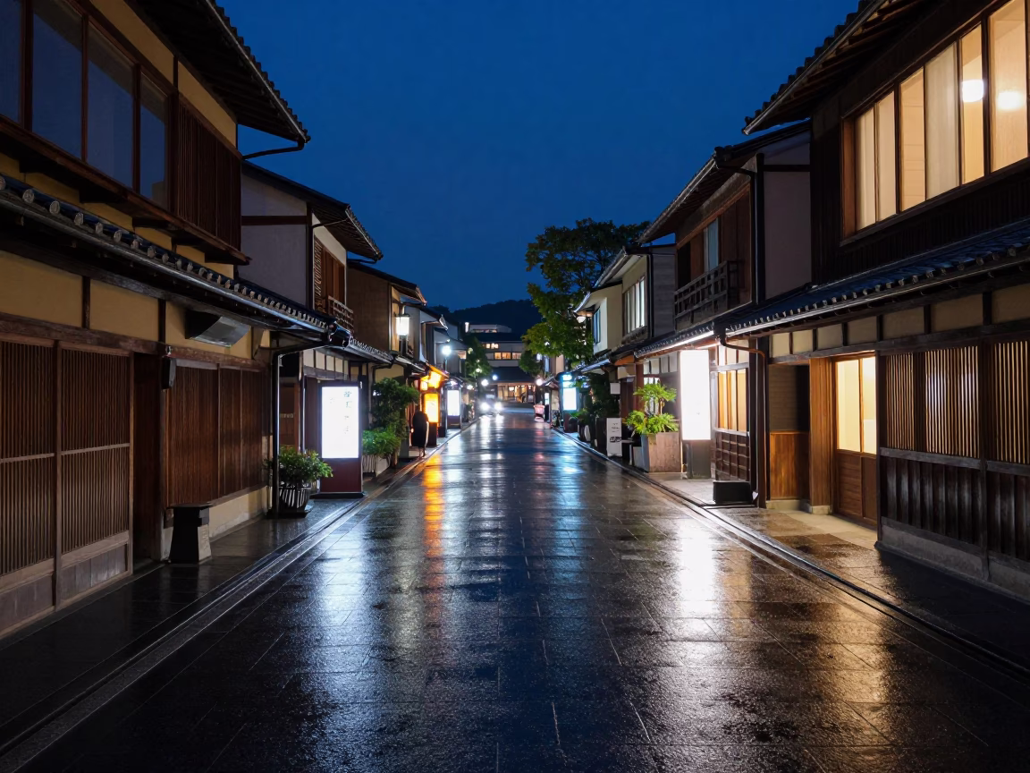 Midnight street scene in Kyoto Japan with wet pavement and neon reflections in in Kyoto, Japan