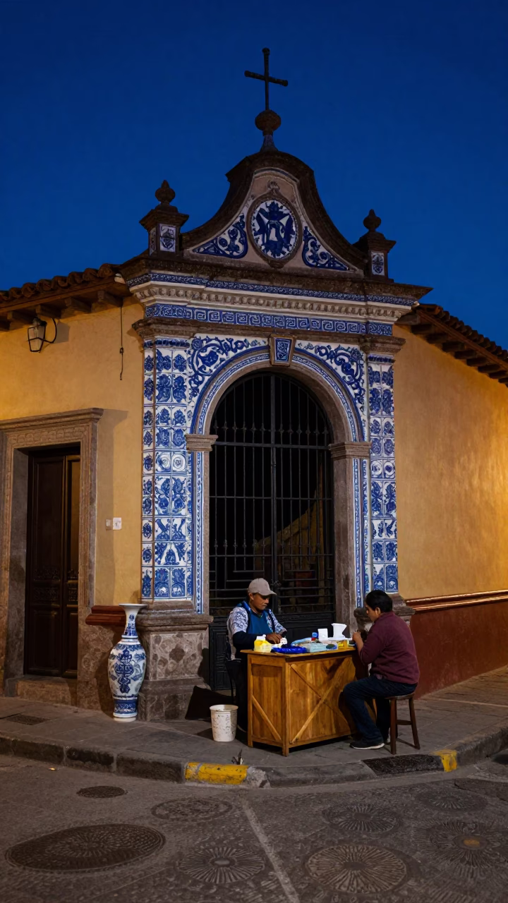 Midnight Street Scene in La Paz Bolivia with Blue Porcelain and Gate Handle Details in in La Paz, Bolivia