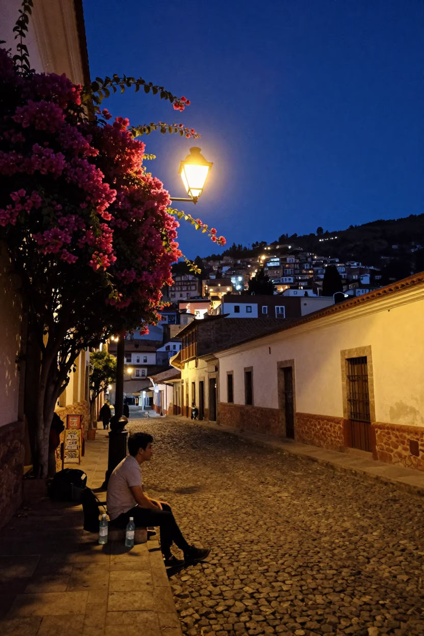 Midnight Street Scene in La Paz Bolivia with Bougainvillea and Water Bottle in in La Paz, Bolivia