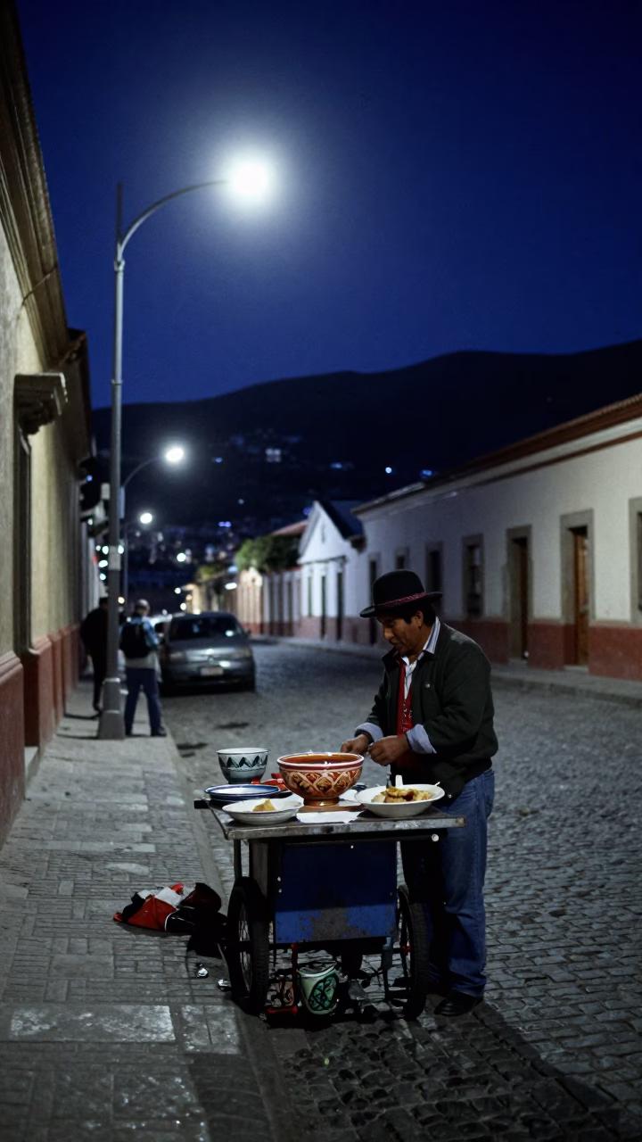Midnight Street Scene in La Paz Bolivia with Ceramic Bowl and Served Spoon in in La Paz, Bolivia