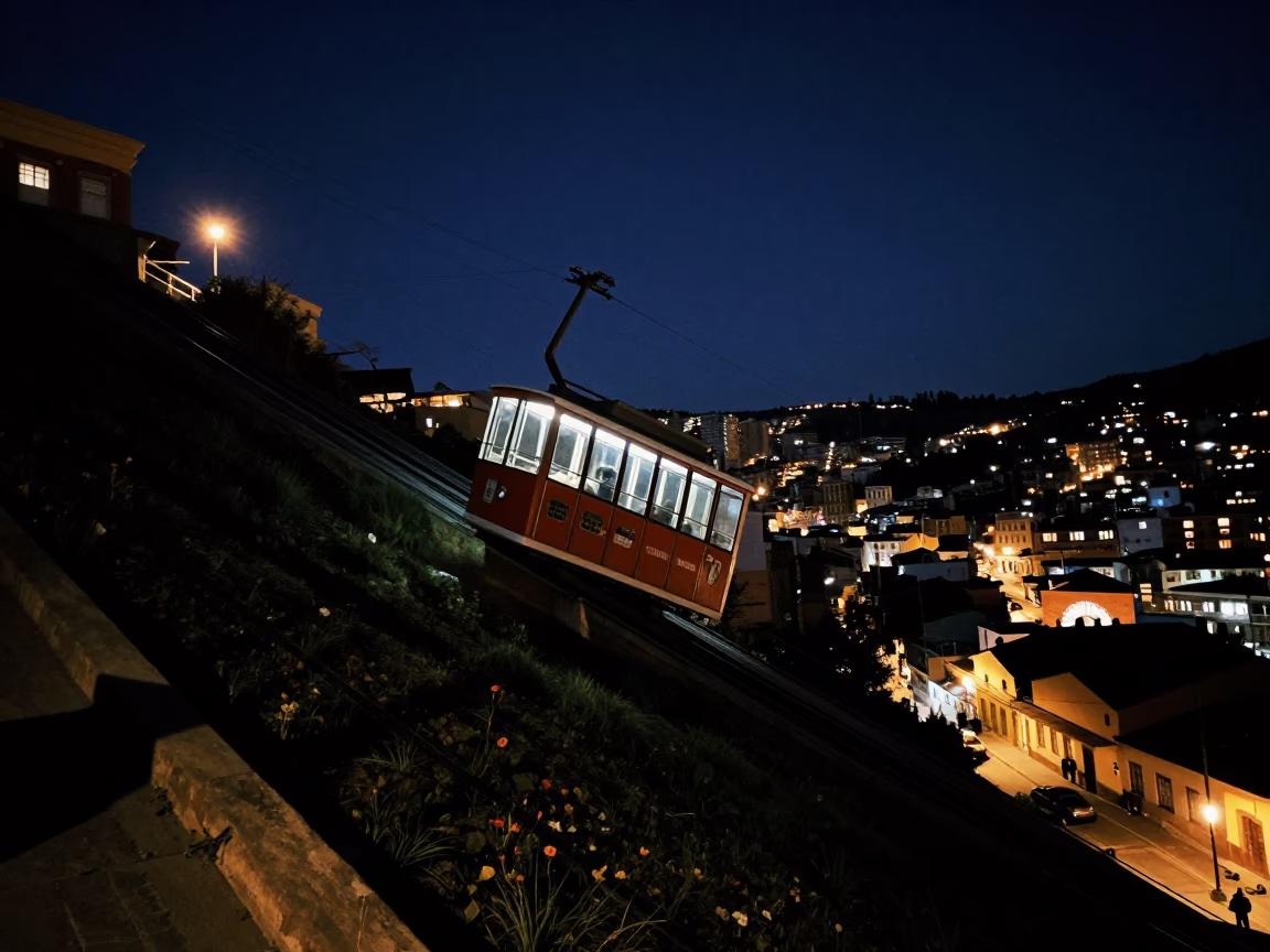 Midnight Street Scene in La Paz Bolivia with Funicular and Urban Lights in in La Paz, Bolivia