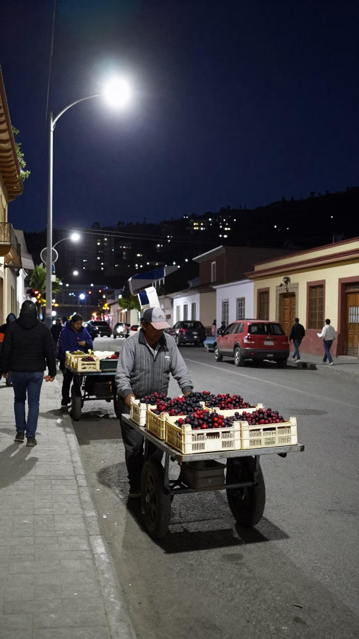 Midnight Street Scene in La Paz Bolivia with Rolling Carts and Night Market Activity in in La Paz, Bolivia