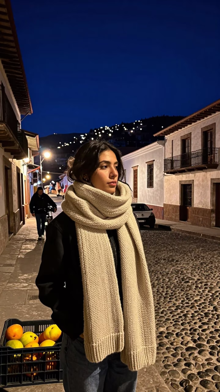 Midnight Street Scene in La Paz Bolivia With Scarf And Fruit Crate in in La Paz, Bolivia
