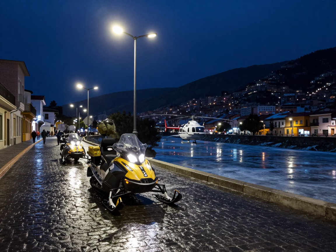 Midnight Street Scene in La Paz Bolivia With Snowmobile And Supply Helicopter in in La Paz, Bolivia
