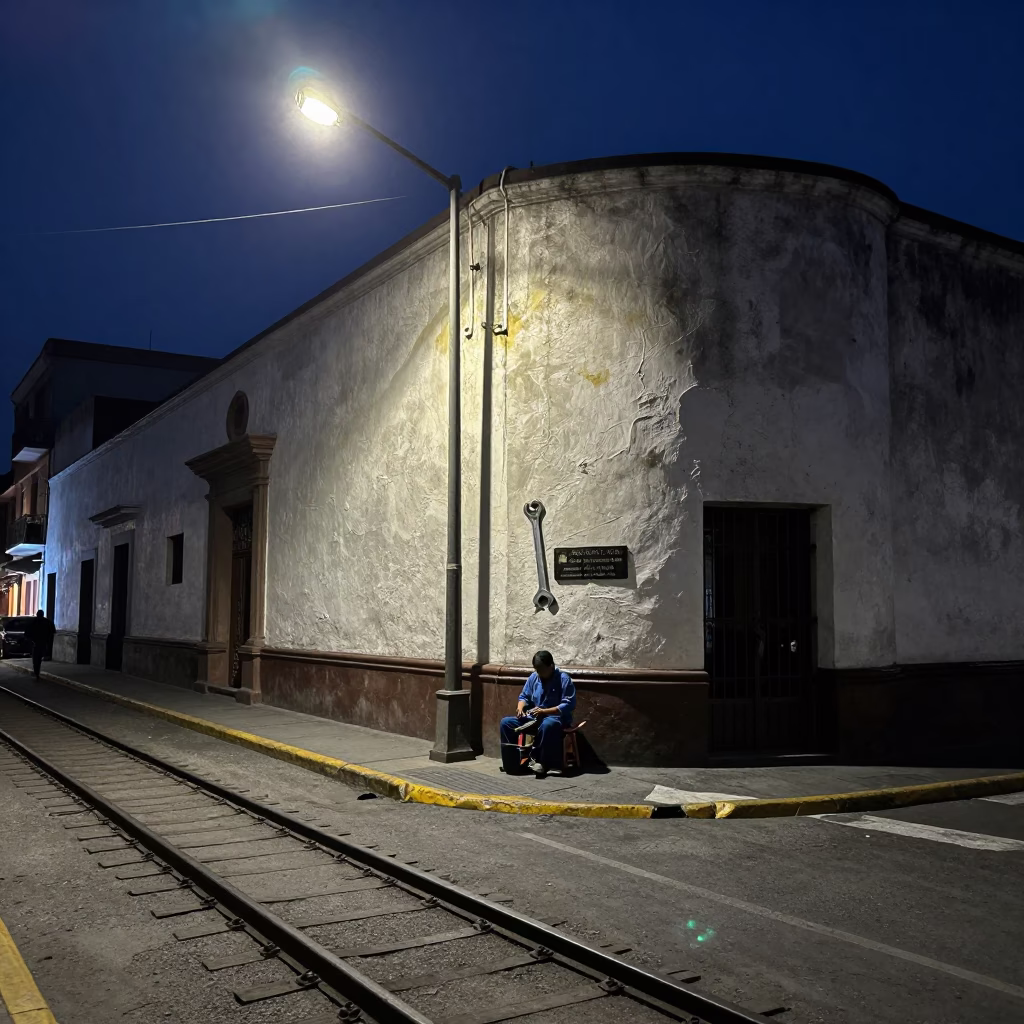 Midnight Street Scene in Lima Peru with Adjustable Spanner and Railway Viaduct in in Lima, Peru