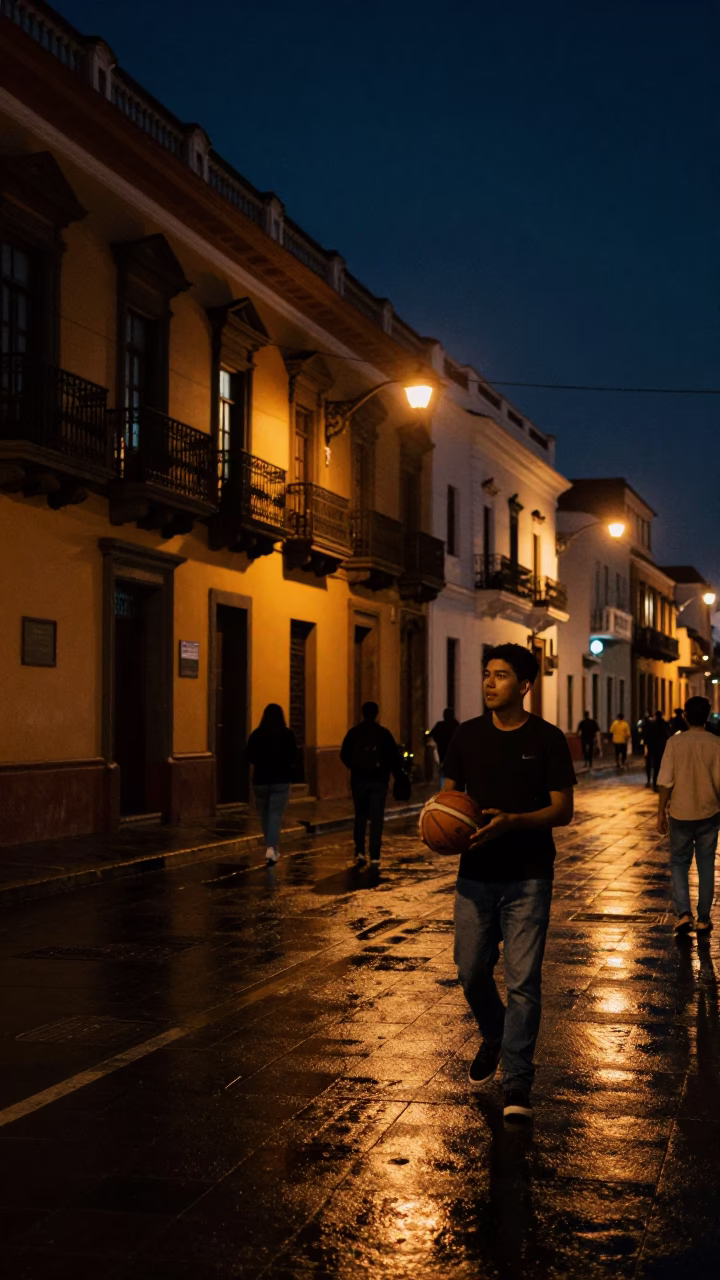 Midnight Street Scene in Lima Peru with Amulet and Basketball in in Lima, Peru