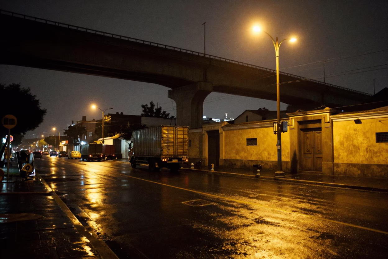 Midnight Street Scene in Lima Peru with Concrete Viaduct and Cargo Ship Horizon in in Lima, Peru