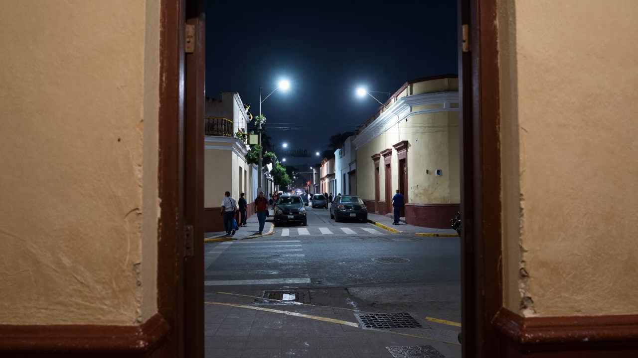 Midnight Street Scene in Lima Peru with Doorframe and Scratched Plaster Wall in in Lima, Peru