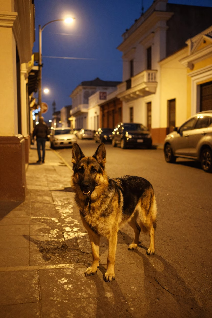 Midnight Street Scene in Lima Peru With German Shepherd Dog and Work Stool in in Lima, Peru