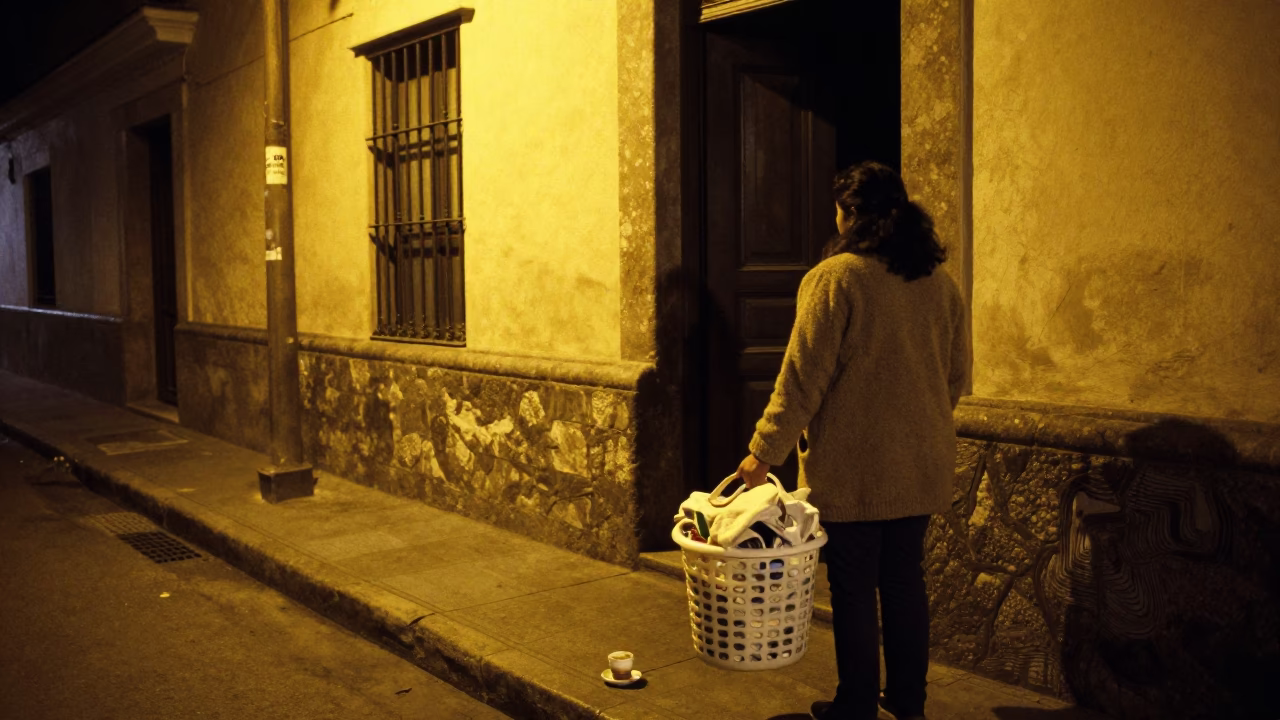 Midnight Street Scene in Lima Peru with Laundry Basket and Coffee Mugs in in Lima, Peru