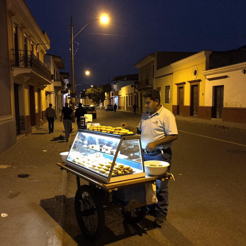 Midnight Street Scene in Lima Peru with Local Food Vendor and Traditional Alfajores Display in in Lima, Peru