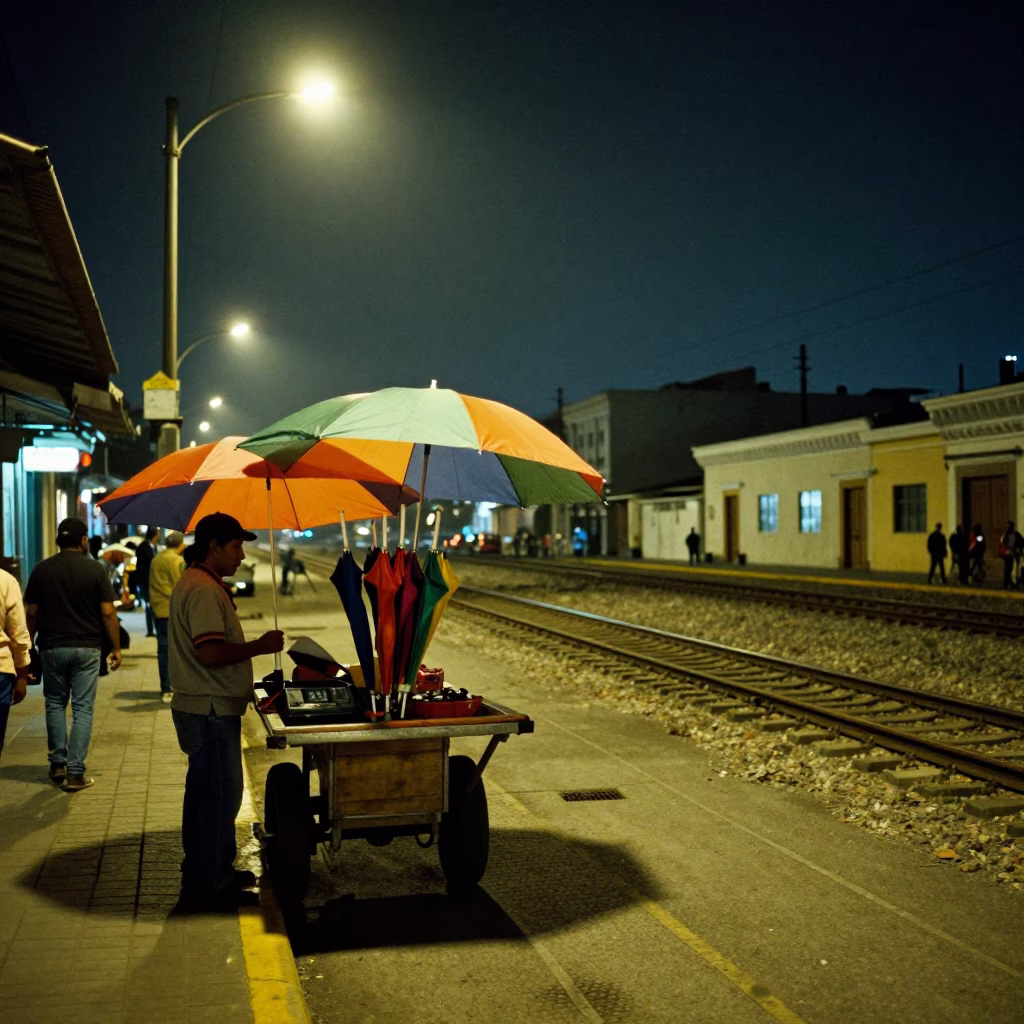 Midnight Street Scene in Lima Peru with Umbrellas and Railway Yard in in Lima, Peru