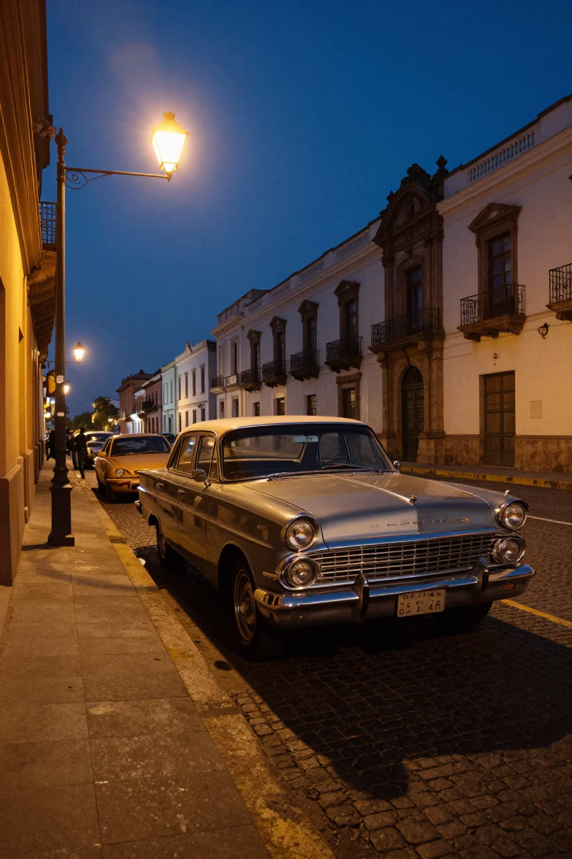 Midnight Street Scene in Lima Peru with Vintage Car and Urban Architecture in in Lima, Peru