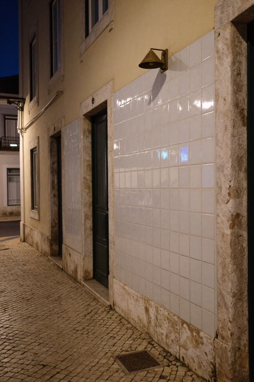 Midnight Street Scene in Lisbon Portugal with Ceramic Tiles and Brass Rail in in Lisbon, Portugal