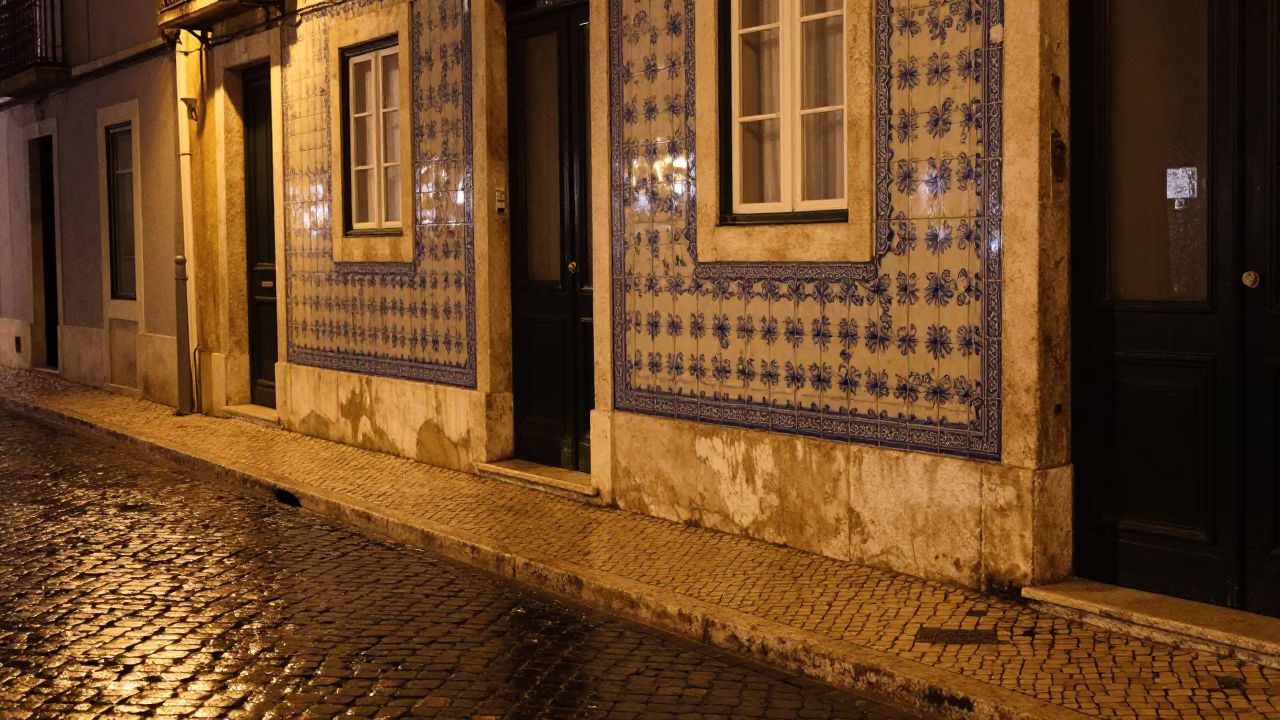 Midnight street scene in Lisbon Portugal with ceramic tiles and street furniture in in Lisbon, Portugal