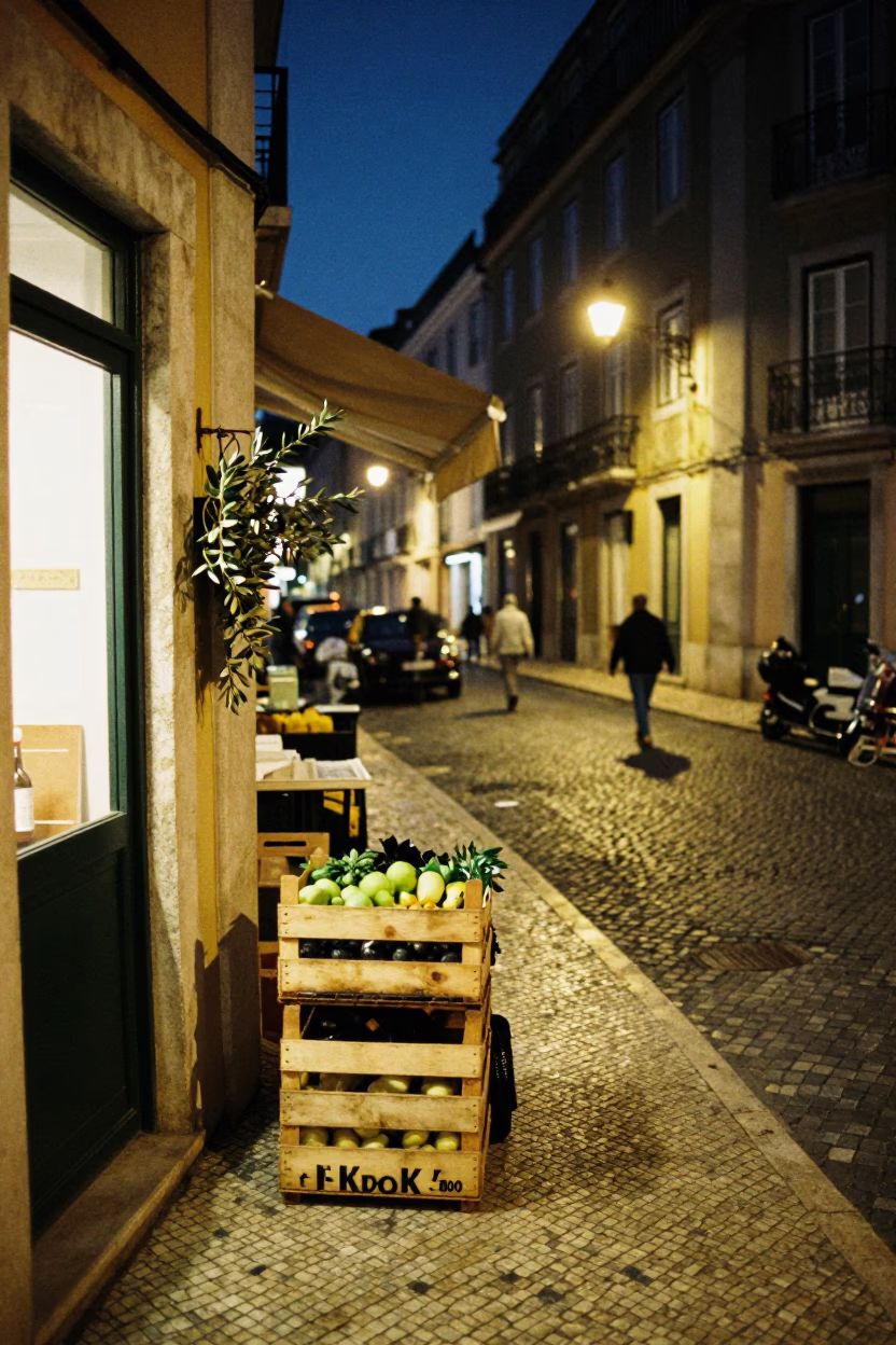 Midnight street scene in Lisbon Portugal with crate and olive branch in in Lisbon, Portugal