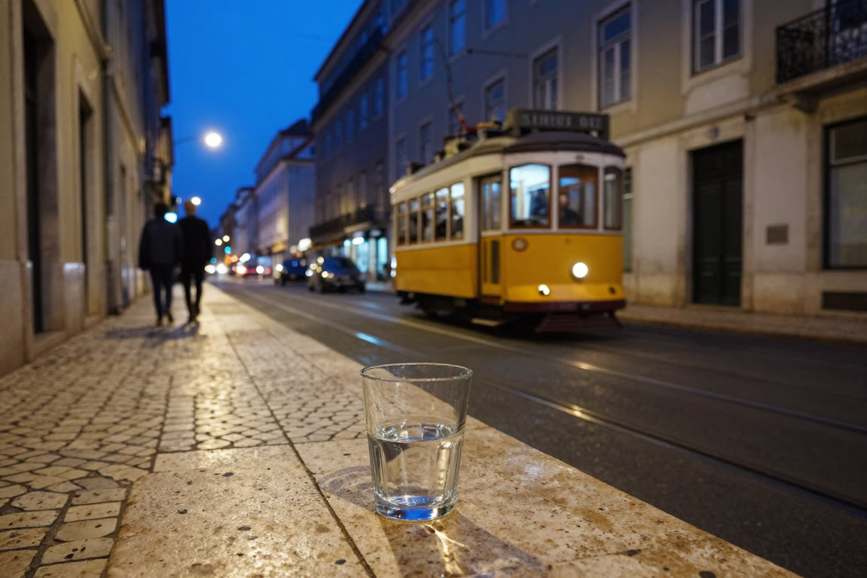 Midnight Street Scene in Lisbon Portugal with Glass Tumbler and Urban Details in in Lisbon, Portugal