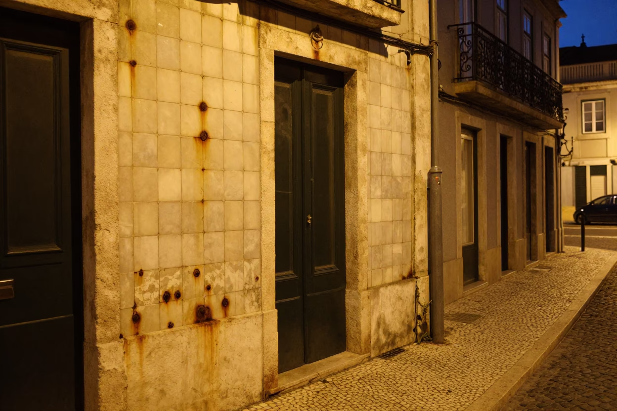 Midnight Street Scene in Lisbon Portugal with Rust and Urban Details in in Lisbon, Portugal