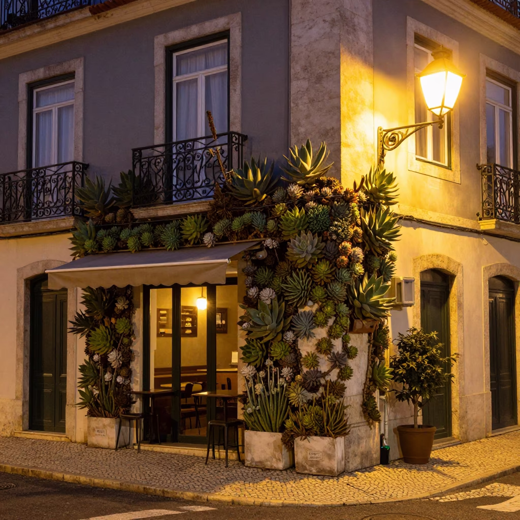 Midnight Street Scene in Lisbon Portugal with Succulents and Traditional Architecture in in Lisbon, Portugal