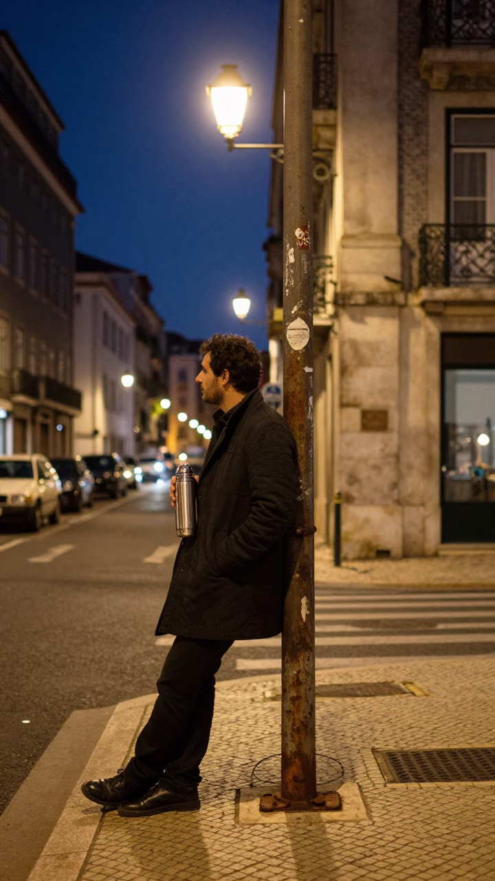 Midnight Street Scene in Lisbon Portugal with Thermos and Turnbuckle in in Lisbon, Portugal