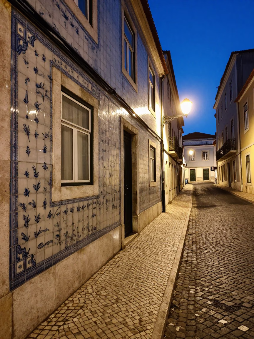 Midnight Street Scene in Lisbon Portugal With Tiled Facade and Distant Harbor Light in in Lisbon, Portugal