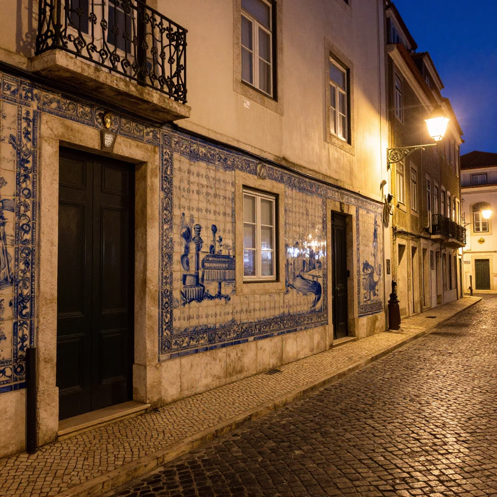 Midnight Street Scene in Lisbon Portugal with Traditional Azulejo Tiles and Vintage Tram in in Lisbon, Portugal