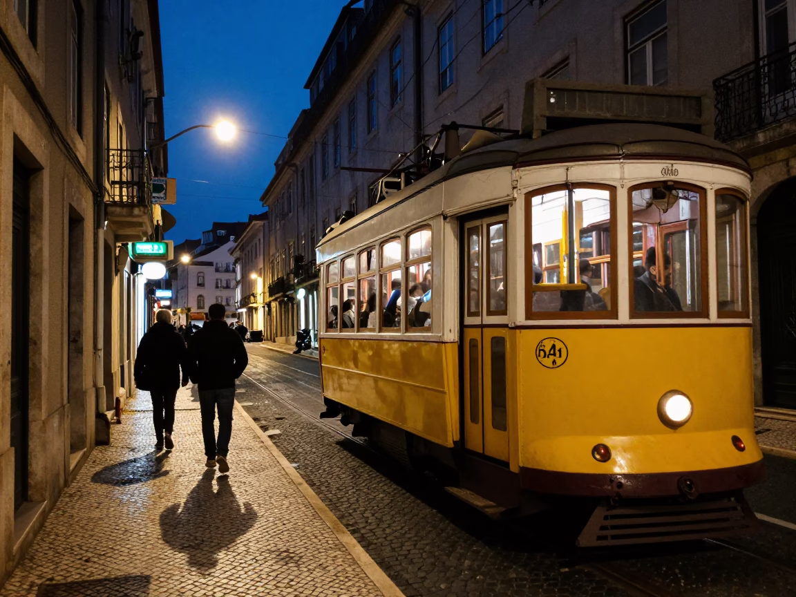 Midnight Street Scene in Lisbon Portugal with Tram and Neon Lights in in Lisbon, Portugal