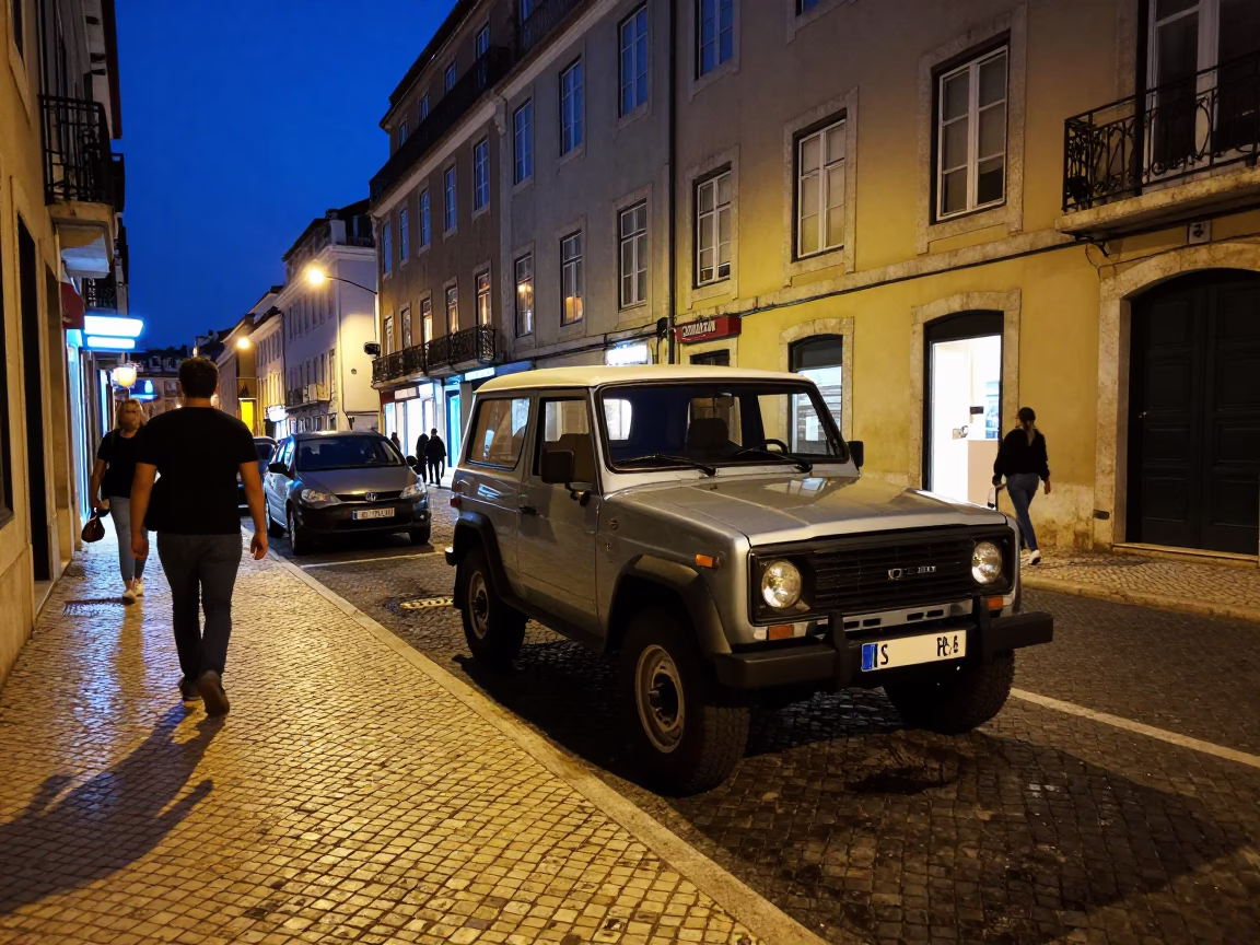 Midnight Street Scene in Lisbon Portugal with Vintage Car and Neon Signs in in Lisbon, Portugal
