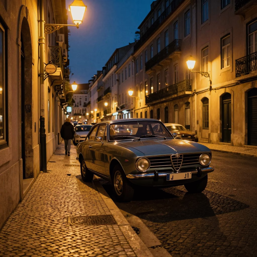 Midnight Street Scene in Lisbon Portugal with Vintage Car and Urban Details in in Lisbon, Portugal