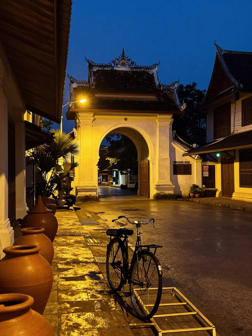 Midnight Street Scene in Luang Prabang Laos with Clay Pots and Bicycle Rack in in Luang Prabang, Laos
