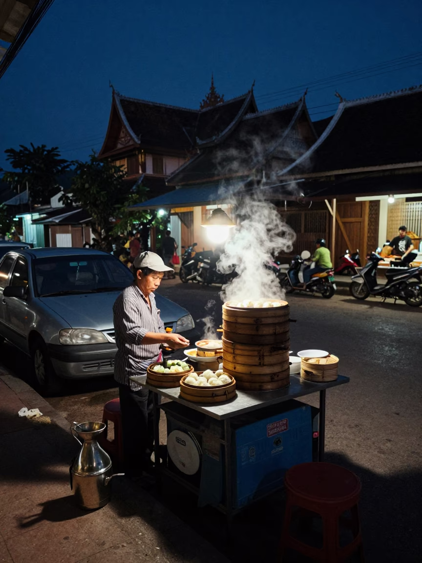 Midnight street scene in Luang Prabang Laos with dim sum and carafe in in Luang Prabang, Laos
