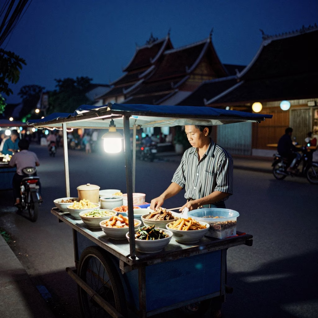 Midnight Street Scene in Luang Prabang Laos with Local Food Vendor and Traditional Architecture in in Luang Prabang, Laos