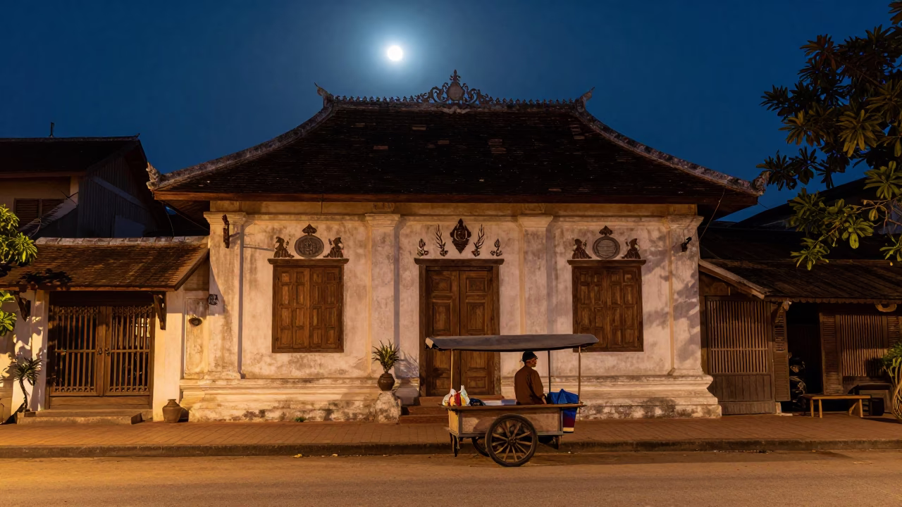 Midnight Street Scene in Luang Prabang Laos with Local Vendor and Wooden Cart in in Luang Prabang, Laos